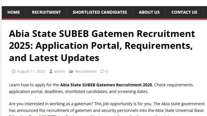 Abia State SUBEB Gatemen Recruitment 2025