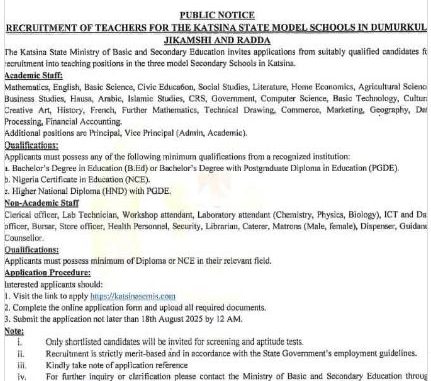 Katsina-State-Model-Schools-Teachers-Recruitment-2025 Katsina State Model Schools Teachers Recruitment 2025