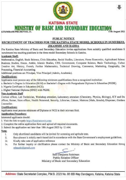 Katsina State Model Schools Teachers Recruitment 2025