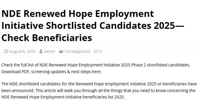 NDE Renewed Hope Employment Initiative Shortlisted Candidates 2025—Check Beneficiaries