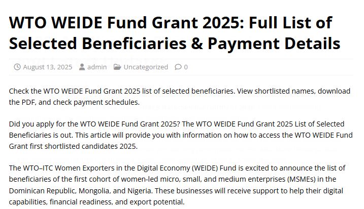 WTO WEIDE Fund Grant 2025 list of selected beneficiaries