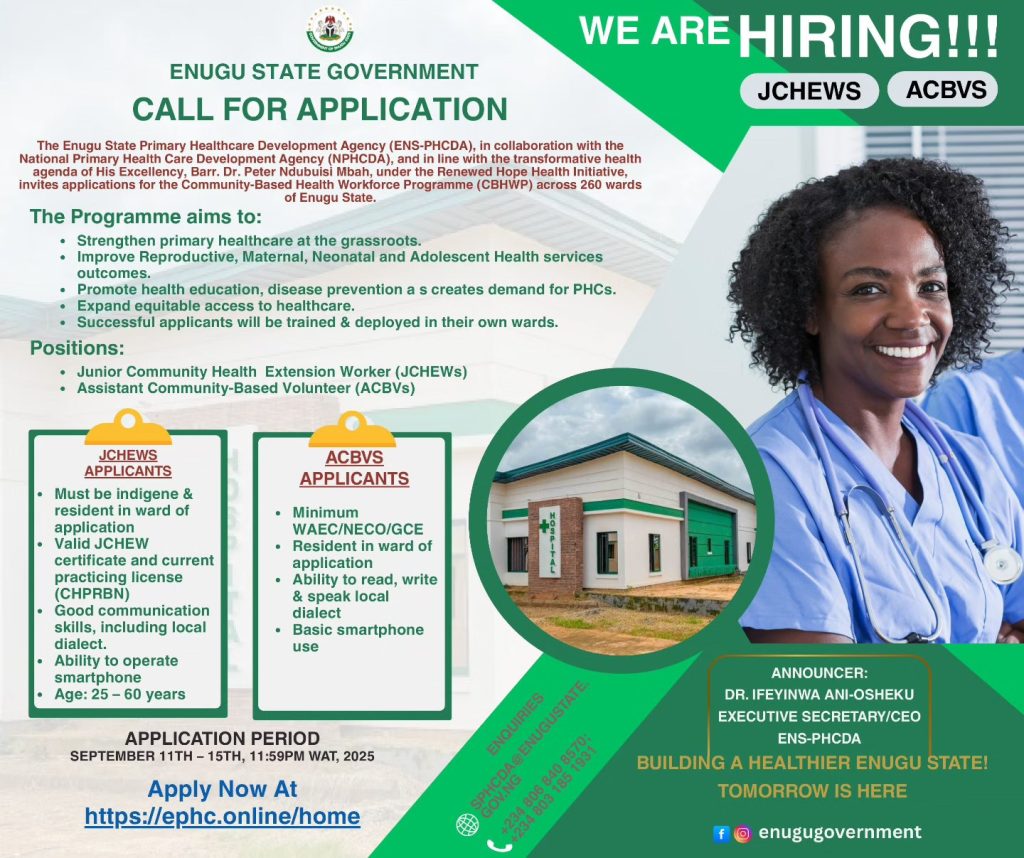 Enugu State Primary Healthcare Development Agency Recruitment