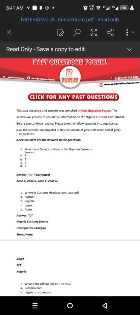 Nigeria Customs Service Past Questions and Answers