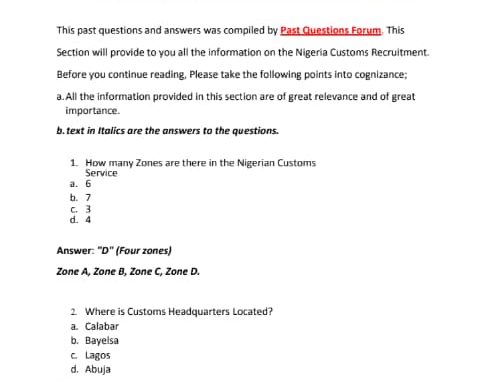 NCS Nigeria Customs Service Past Questions and Answers