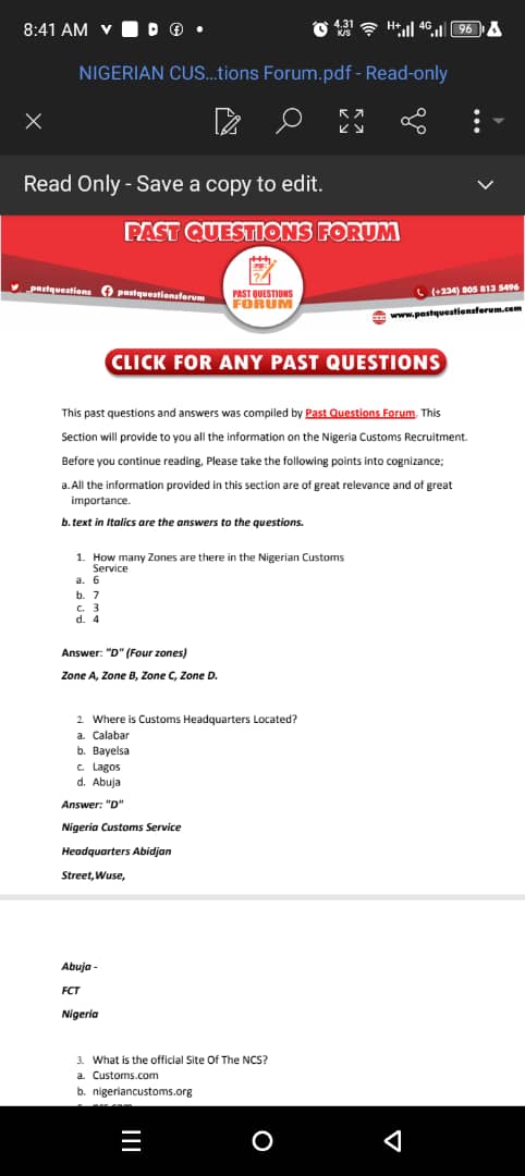 Nigeria Customs Service Past Questions and Answers