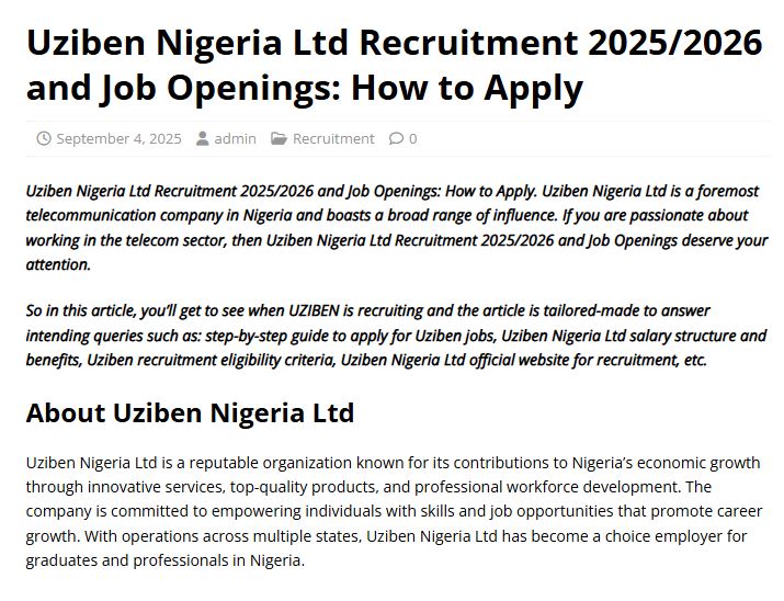Uziben Nigeria Ltd Recruitment 2025/2026