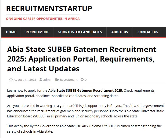 Abia State SUBEB Gatemen Recruitment 2026: Application Portal, Requirements, and Latest Updates